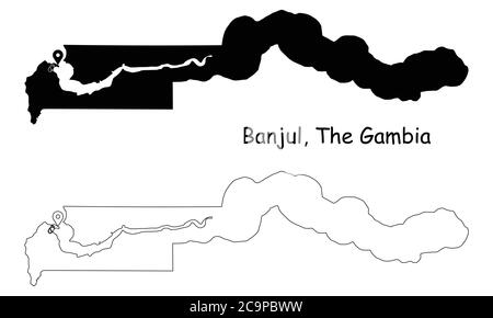 Banjul Gambia. Detaillierte Landkarte mit Lage Pin auf Hauptstadt. Schwarze Silhouette und Umrisskarten isoliert auf weißem Hintergrund. EPS-Vektor Stock Vektor