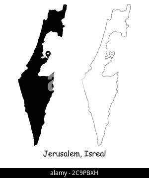 Jerusalem Israel. Detaillierte Landkarte mit Lage Pin auf Hauptstadt. Schwarze Silhouette und Umrisskarten isoliert auf weißem Hintergrund. EPS-Vektor Stock Vektor