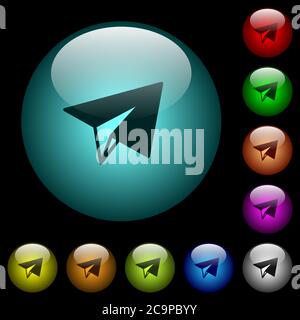 Symbole für Papierebenen in Farbe beleuchtete kugelförmige Glastasten auf schwarzem Hintergrund. Kann für schwarze oder dunkle Vorlagen verwendet werden Stock Vektor