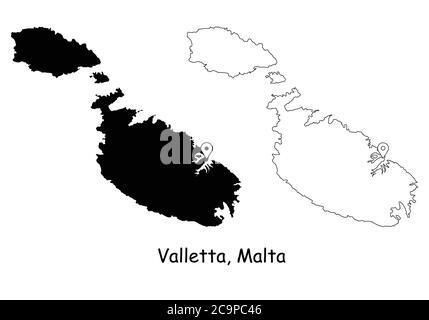 Valletta Malta. Detaillierte Landkarte mit Lage Pin auf Hauptstadt. Schwarze Silhouette und Umrisskarten isoliert auf weißem Hintergrund. EPS-Vektor Stock Vektor