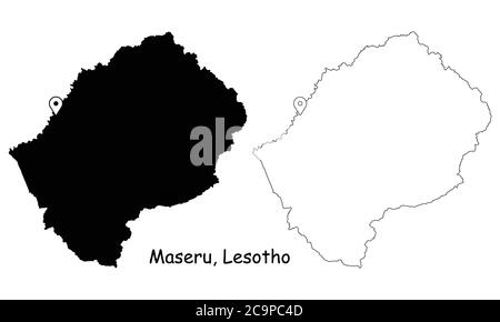 Maseru Lesotho. Detaillierte Landkarte mit Lage Pin auf Hauptstadt. Schwarze Silhouette und Umrisskarten isoliert auf weißem Hintergrund. EPS-Vektor Stock Vektor