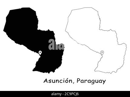 Asuncion, Paraguay. Detaillierte Landkarte mit Lage Pin auf Hauptstadt. Schwarze Silhouette und Umrisskarten isoliert auf weißem Hintergrund. EPS-Vektor Stock Vektor