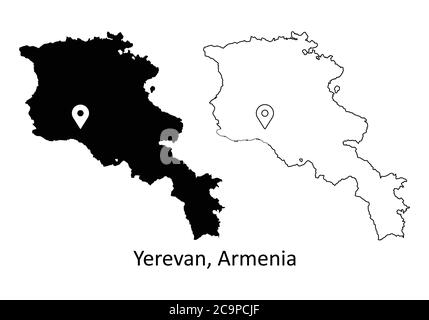 Eriwan, Armenien. Detaillierte Landkarte mit Hauptstadt Stadt Lage Pin. Schwarze Silhouette und Umrisskarten isoliert auf weißem Hintergrund. EPS-Vektor Stock Vektor