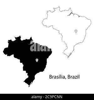 Brasilia Brasilien. Detaillierte Landkarte mit Lage Pin auf Hauptstadt. Schwarze Silhouette und Umrisskarten isoliert auf weißem Hintergrund. EPS-Vektor Stock Vektor
