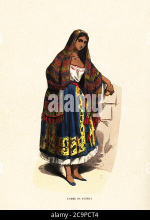 Frau aus der Stadt Puebla, Mexiko. Sie trägt einen langen Schal, weiße Chemise, langen Rock über Petticoats. Femme de Puebla. Handkolorierter Holzschnitt von S aus Auguste Wahlen's Moeurs, Usages et Costumes de tous les Peuples du Monde, (Manners, Customs and Costumes of all the People of the World) Librairie Historique-Artistique, Brüssel, 1845. Wahlen war das Pseudonym von Jean-Francois-Nicolas Loumyer (1801-1875), einem Schriftsteller und Archivar bei der Wappentier-Abteilung von Belgien. Stockfoto