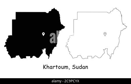 Khartum, Sudan. Detaillierte Landkarte mit Lage Pin auf Hauptstadt. Schwarze Silhouette und Umrisskarten isoliert auf weißem Hintergrund. EPS-Vektor Stock Vektor