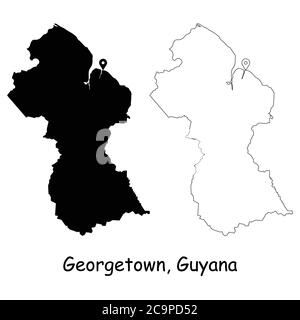 Georgetown Guyana. Detaillierte Landkarte mit Lage Pin auf Hauptstadt. Schwarze Silhouette und Umrisskarten isoliert auf weißem Hintergrund. EPS-Vektor Stock Vektor