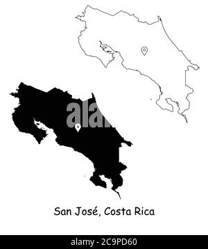 San Jose Costa Rica. Detaillierte Landkarte mit Lage Pin auf Hauptstadt. Schwarze Silhouette und Umrisskarten isoliert auf weißem Hintergrund EPS-Vektor Stock Vektor