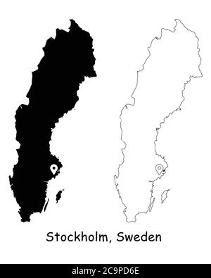 Stockholm, Schweden. Detaillierte Landkarte mit Lage Pin auf Hauptstadt. Schwarze Silhouette und Umrisskarten isoliert auf weißem Hintergrund. EPS-Vektor Stock Vektor