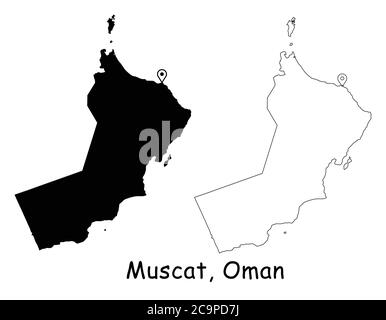 Muscat, Oman. Detaillierte Landkarte mit Lage Pin auf Hauptstadt. Schwarze Silhouette und Umrisskarten isoliert auf weißem Hintergrund. EPS-Vektor Stock Vektor