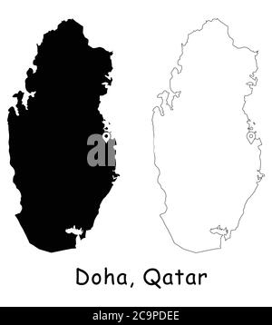 Doha, Katar. Detaillierte Landkarte mit Lage Pin auf Hauptstadt. Schwarze Silhouette und Umrisskarten isoliert auf weißem Hintergrund. EPS-Vektor Stock Vektor