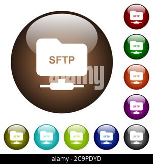 FTP über SSH weiße Symbole auf runden farbigen Glasschaltflächen Stock Vektor