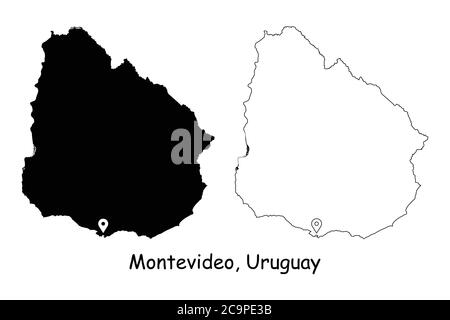 Montevideo, Uruguay. Detaillierte Landkarte mit Lage Pin auf Hauptstadt. Schwarze Silhouette und Umrisskarten isoliert auf weißem Hintergrund. EPS-Vecto Stock Vektor