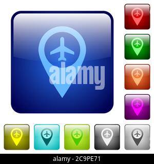 Flughafen GPS-Karte Position Symbole in abgerundeten quadratischen Farbe glänzend Taste gesetzt Stock Vektor