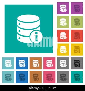 Datenbank Info mehrfarbige flache Symbole auf einfachen quadratischen Hintergründen. Weiße und dunklere Symbolvarianten für schwebe- oder aktive Effekte. Stock Vektor