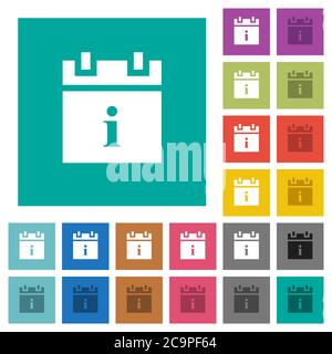 Zeitplan Info mehrfarbige flache Symbole auf einfachen quadratischen Hintergründen. Weiße und dunklere Symbolvarianten für schwebe- oder aktive Effekte. Stock Vektor