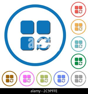 Aktualisieren Sie die Symbole für flache Farbvektoren der Komponente mit Schatten in runden Konturen auf weißem Hintergrund Stock Vektor