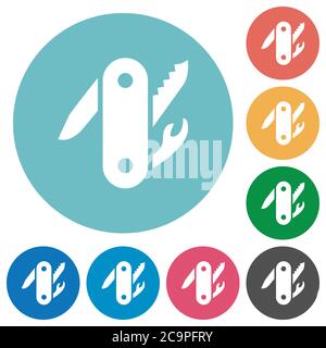 Schweizer Taschenmesser flache weiße Ikonen auf runden Farbhintergründen Stock Vektor