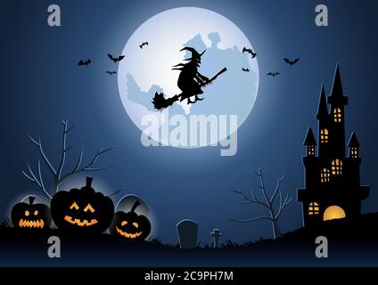 Halloween Hintergrund mit der Hexe fliegen durch magische Besen auf Mitternacht, Vektor-Illustration Stock Vektor