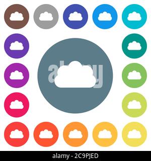 Wolkenflache weiße Symbole auf runden farbigen Hintergründen. 17 Hintergrundfarbvarianten sind enthalten. Stock Vektor