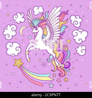 Nettes weißes Einhorn zwischen den Sternen und Wolken. Illustration für Kinder. Fantasy-Tier. Für die Gestaltung von Drucken, Plakaten, Stickern, Karten und so weiter. Stock Vektor