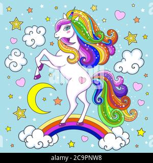 Schönes weißes Einhorn auf einem Regenbogen. Illustration für Kinder. Fantastisches Tier. Für die Gestaltung von Drucken, Plakaten, Postkarten, etc. Vektor Stock Vektor