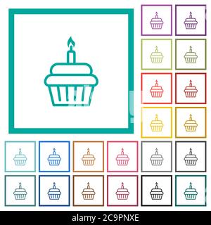 Geburtstag Cupcake flache Farbe Symbole mit Quadranten Rahmen auf weißem Hintergrund Stock Vektor