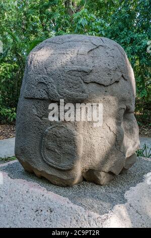 Denkmal 4, der alte Krieger, aus den Olmec Ruinen von La Venta. Vorklassische Periode (700-400 v. Chr.). La Venta Museum, Villahermosa, Mexiko. Stockfoto