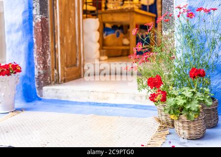 Alte Holztür, rote Blumen mit verschwommener Tür Stockfoto