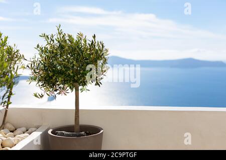 Weiße Waschtreppen auf Santorini Island, Griechenland. Der Blick in Richtung Caldera Meer mit Kreuzfahrtschiff wartet. Luxus Sommerurlaub, Traumurlaub Stockfoto