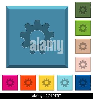 Einstellungen gravierte Symbole auf kantigen quadratischen Tasten in verschiedenen trendigen Farben Stock Vektor