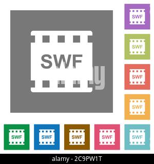 SWF-Film-Format flache Symbole auf einfache Farbe quadratischen Hintergründen Stock Vektor