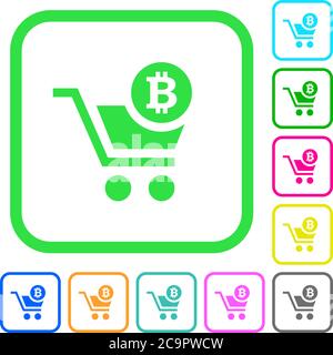 Kasse mit Bitcoin Warenkorb lebendige farbige flache Symbole in gebogenen Grenzen auf weißem Hintergrund Stock Vektor