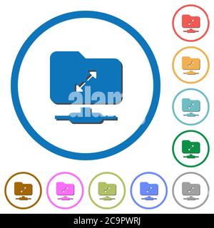 FTP Entkomprimieren Sie flache Farbvektorsymbole mit Schatten in runden Umrissen auf weißem Hintergrund Stock Vektor