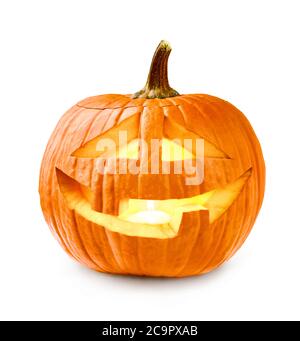 Glühender Halloween Kürbis isoliert auf weißem Hintergrund. Jack O’ Lantern. Stockfoto