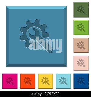 Schraubenschlüssel mit Zahnrad gravierte Symbole auf kantigen quadratischen Knöpfen in verschiedenen trendigen Farben Stock Vektor
