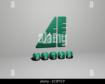3D-Illustration von Lineal Grafiken und Text von metallischen Würfel Buchstaben für die damit verbundenen Bedeutungen des Konzepts und Präsentationen. Hintergrund und Symbol Stockfoto
