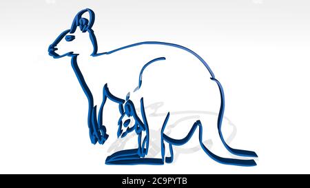 känguru mit Kind durch 3D-Illustration einer glänzenden Metallic-Skulptur mit dem Schatten auf hellem Hintergrund. australien und Tier Stockfoto