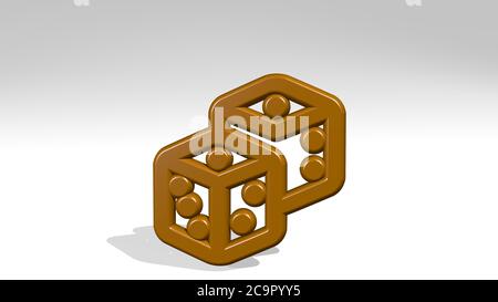 Brettspiel Würfel aus einer Perspektive mit dem Schatten. Eine dicke Skulptur aus metallischen Materialien von 3D-Rendering. Hintergrund und Illustration Stockfoto
