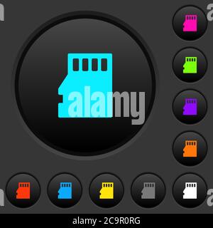 Dunkle Drucktasten der Micro SD-Speicherkarte mit Symbolen in lebendigen Farben auf dunkelgrauem Hintergrund Stock Vektor