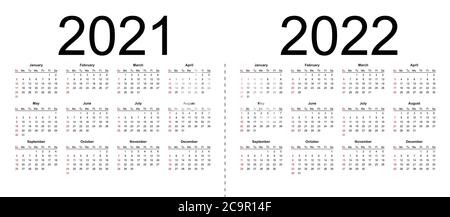 Einfache editierbare Vektorkalender für das Jahr 2021 2022. Woche beginnt ab Sonntag. Isolierte Vektordarstellung auf weißem Hintergrund. Stock Vektor