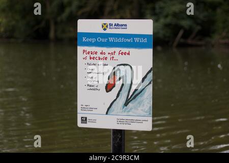 18. Juli 2020 - St Albans, UK: Warnschild, Wildvögel nicht zu füttern Stockfoto