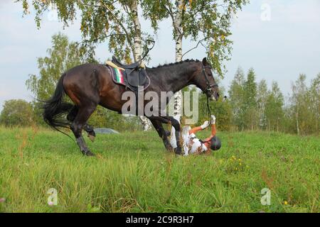 Unfall auf dem Sprung - Konkurrent fallen von ihrem Pferd in die Langlauf-event Stockfoto