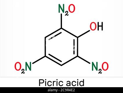 Pikrinsäure ( 2,4,6-Trinitrophenol, TNP, C6H3N3O7) Molekül. Es hat eine Rolle als explosives, antiseptisches Medikament. Chemische Formel des Skeletts. Illustration Stockfoto