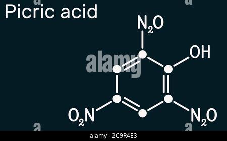 Pikrinsäure , TNP,Molekül. Es hat eine Rolle als explosives, antiseptisches Medikament. Skelett chemische Formel auf dem dunkelblauen Hintergrund. Abbildung Stockfoto