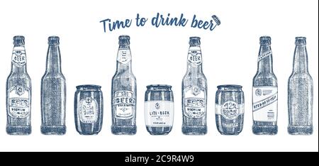 Set handgezeichnete Skizze Gläser Flasche Bier auf weißem Hintergrund. Vintage-Design für Bar, Restaurant, Café-Menü Grafische Gravur Kunst für Flyer, Banner Stock Vektor