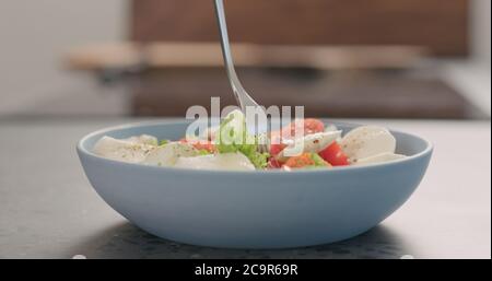 Versucht Salat mit Frisee-Salat, Tomaten und Mozzarella in einer blauen Schüssel auf Küchenarbeitspe Stockfoto