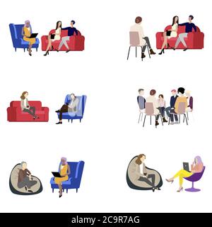 Psychologie Session Set, Gruppen-und individuelle Unterstützung. Vector Psychotherapie und Psychiatrie Hilfe, Psychotherapie, Arzt Lösung psychischer Problem, Stock Vektor