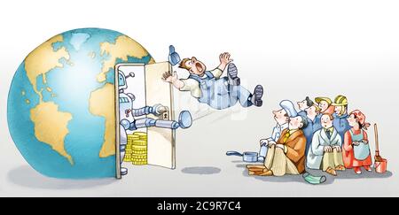Ein riesiger Roboter schieß die Arbeiter aus einer politischen Karikatur von fukk des Geldes in der Welt Stockfoto