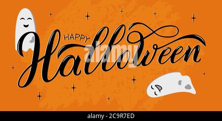 Happy Halloween Hand geschriebenen Text. Vektor-Illustration mit lustigen Geistern auf orangefarbenem Hintergrund. Script brushpen Schriftzug mit Schnörkeln. Handschrift für Banner, Poster, Grußkarte oder Einladung Stock Vektor